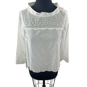 J.Crew White Tunic Top Cotton Scalloped Eyelet Funnel Neck High Low Hem Size 2